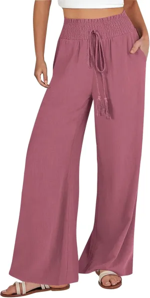 Women Linen Pants Elastic High Waisted Wide Leg Pants Summer 2024 Beach Palazzo Pants Comfy Flowy Trousers with Pockets