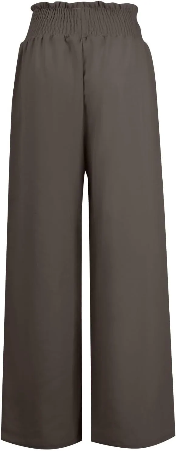 Women Linen Pants Elastic High Waisted Wide Leg Pants Summer 2024 Beach Palazzo Pants Comfy Flowy Trousers with Pockets