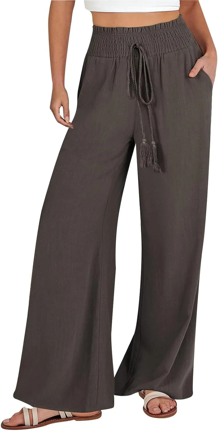 Women Linen Pants Elastic High Waisted Wide Leg Pants Summer 2024 Beach Palazzo Pants Comfy Flowy Trousers with Pockets