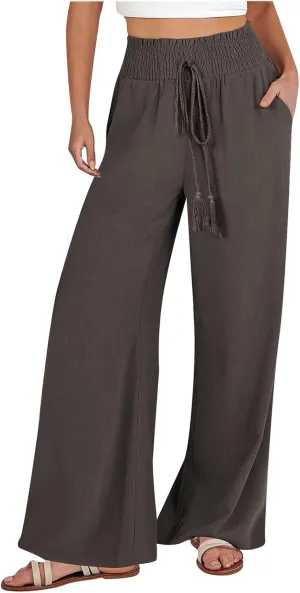 Women Linen Pants Elastic High Waisted Wide Leg Pants Summer 2024 Beach Palazzo Pants Comfy Flowy Trousers with Pockets