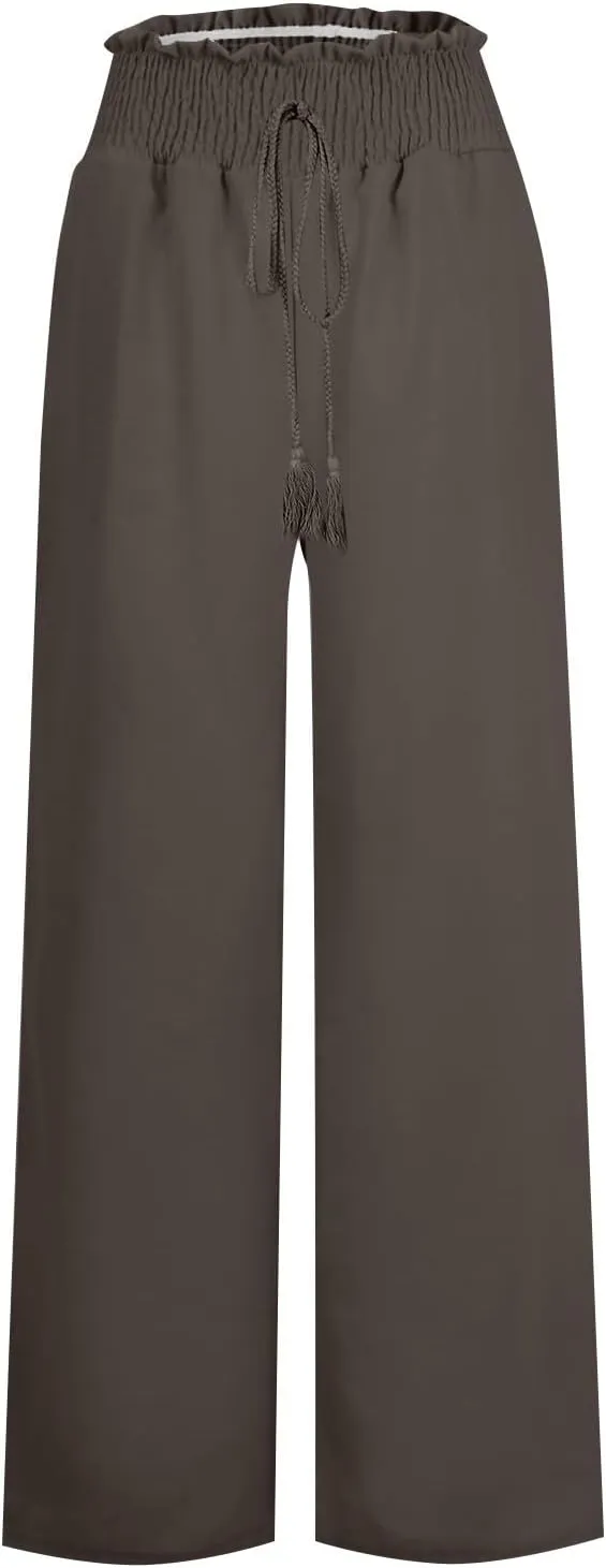 Women Linen Pants Elastic High Waisted Wide Leg Pants Summer 2024 Beach Palazzo Pants Comfy Flowy Trousers with Pockets