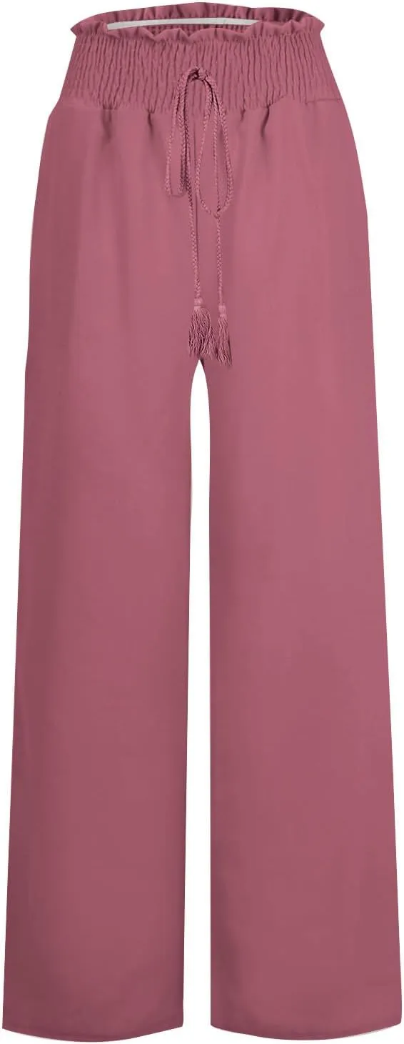 Women Linen Pants Elastic High Waisted Wide Leg Pants Summer 2024 Beach Palazzo Pants Comfy Flowy Trousers with Pockets