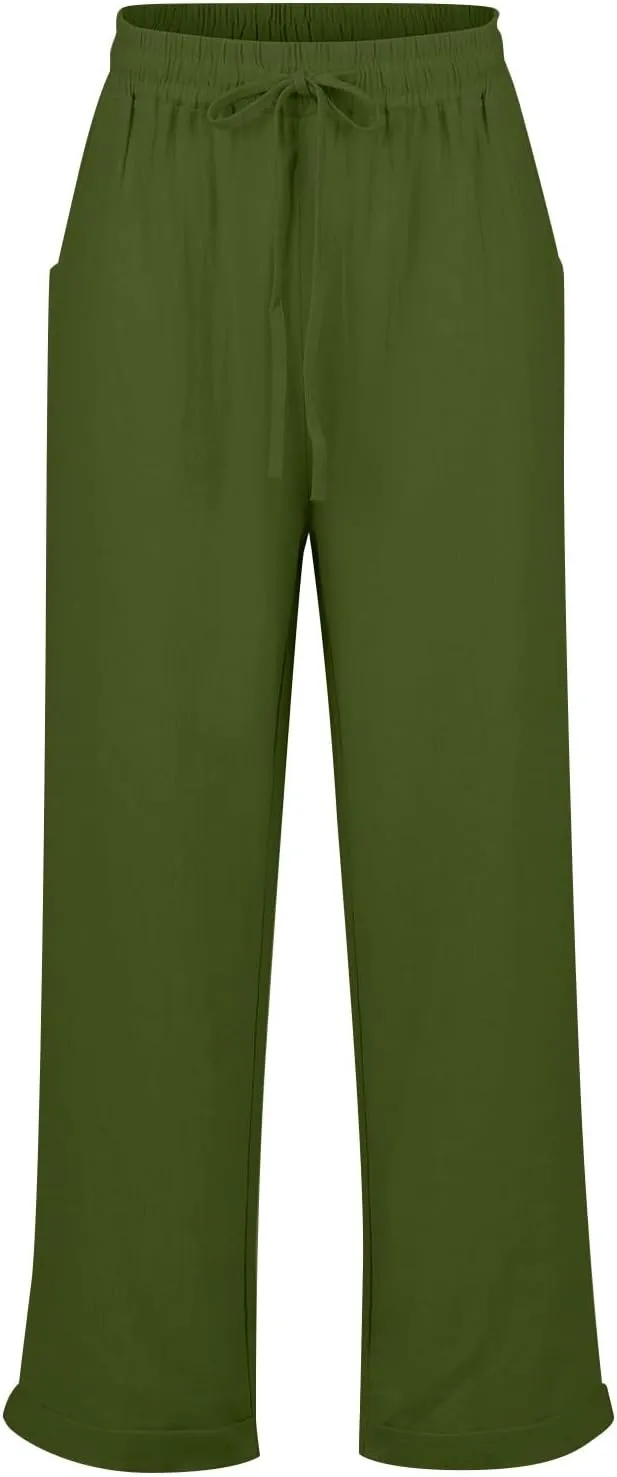 Women Linen Pants Summer Drawstring High Waisted Straight Leg Cotton Pants Casual Comfy Beach Trouser with Pockets
