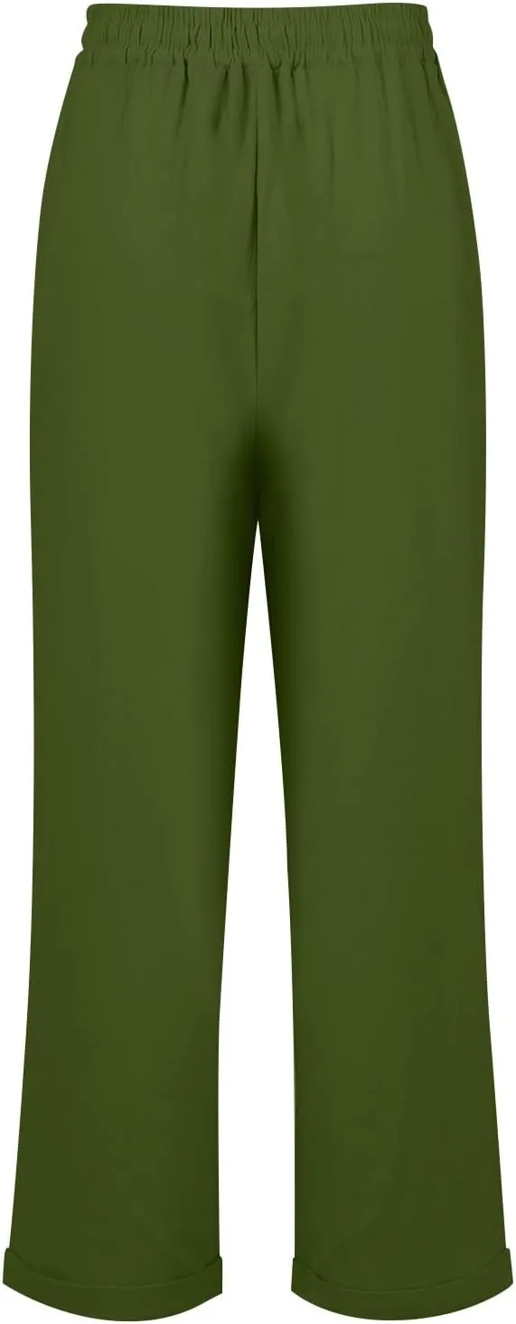 Women Linen Pants Summer Drawstring High Waisted Straight Leg Cotton Pants Casual Comfy Beach Trouser with Pockets