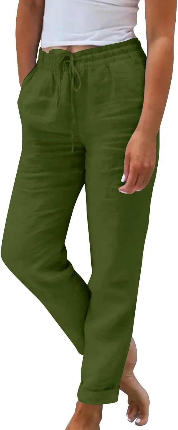 Women Linen Pants Summer Drawstring High Waisted Straight Leg Cotton Pants Casual Comfy Beach Trouser with Pockets