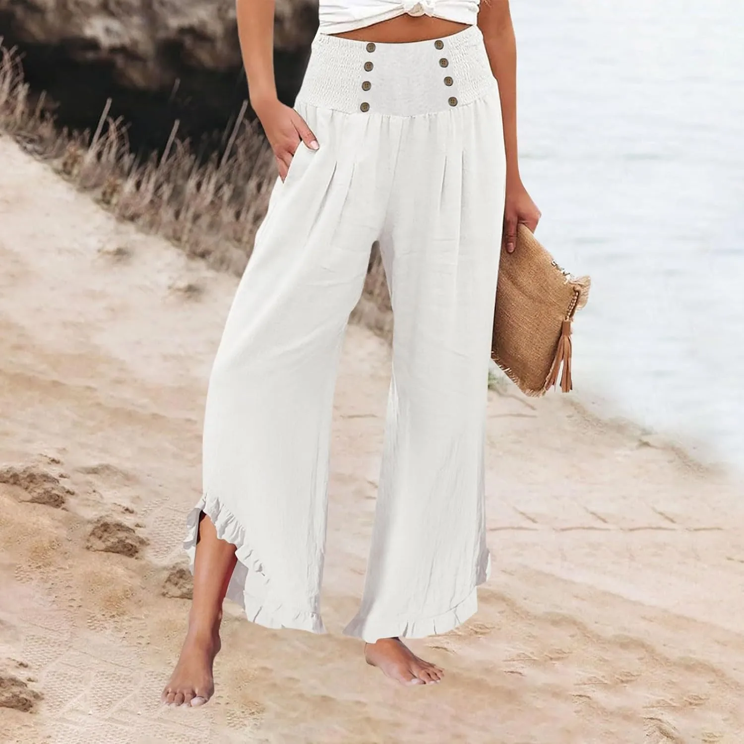 Women Linen Pants Summer Wide Leg Pants Smocked Waist Ruffle Hem Palazzo Pant Boho Flowy Beach Trousers with Pockets