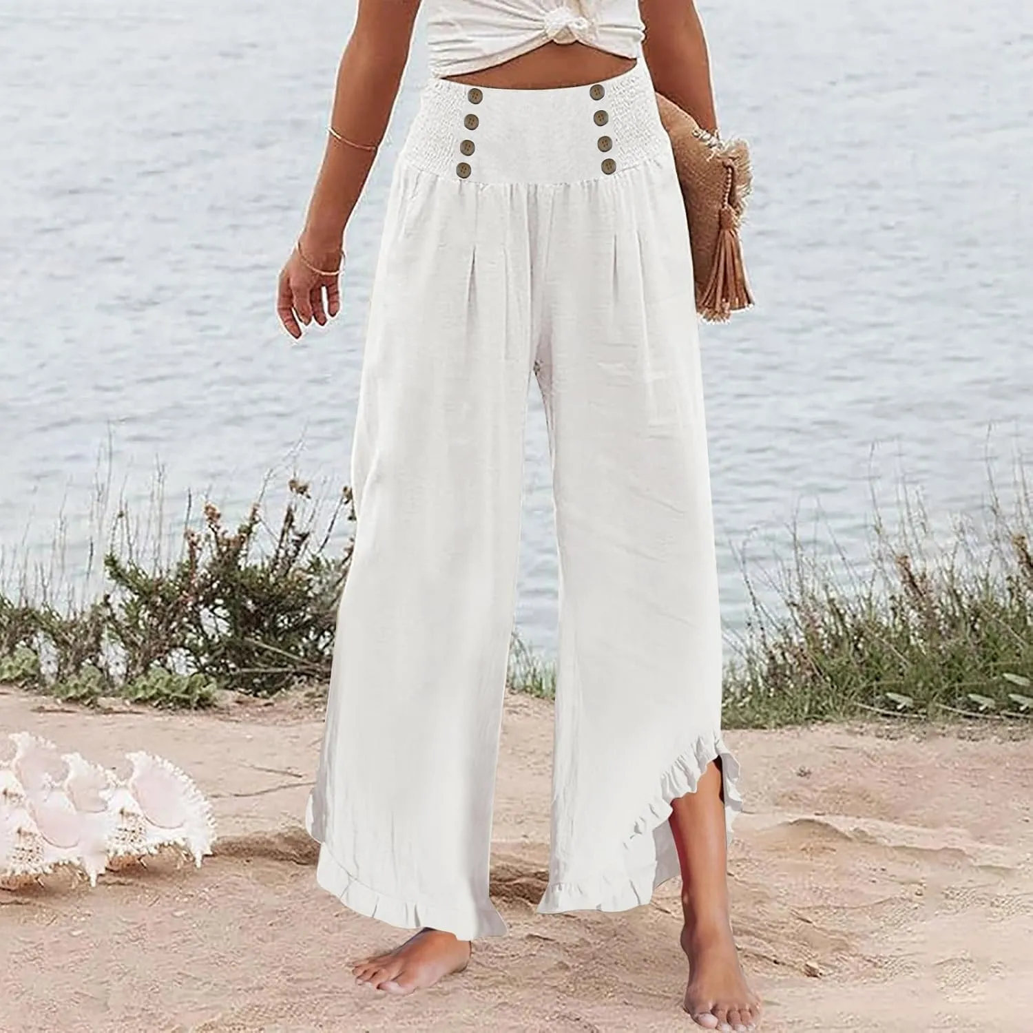 Women Linen Pants Summer Wide Leg Pants Smocked Waist Ruffle Hem Palazzo Pant Boho Flowy Beach Trousers with Pockets