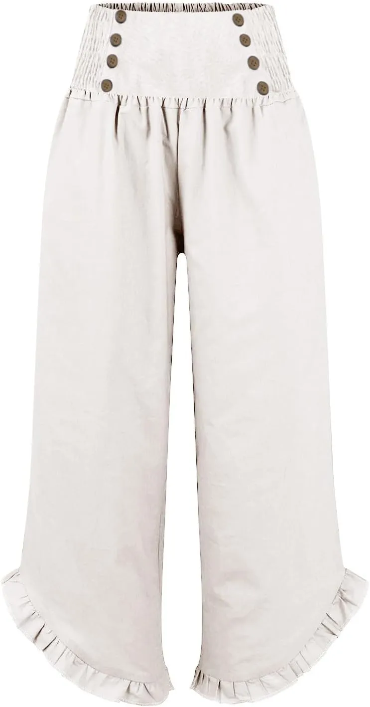 Women Linen Pants Summer Wide Leg Pants Smocked Waist Ruffle Hem Palazzo Pant Boho Flowy Beach Trousers with Pockets