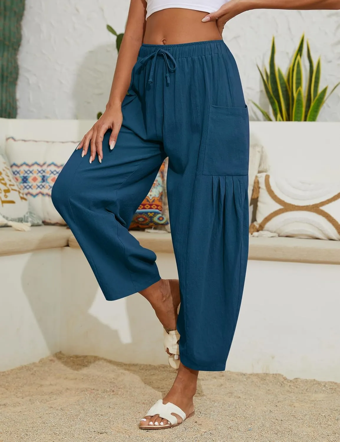 Women Linen Pants Wide Leg Boho Pants Loose Lightweigt Beach Palazzo Harem Pants with Pockets