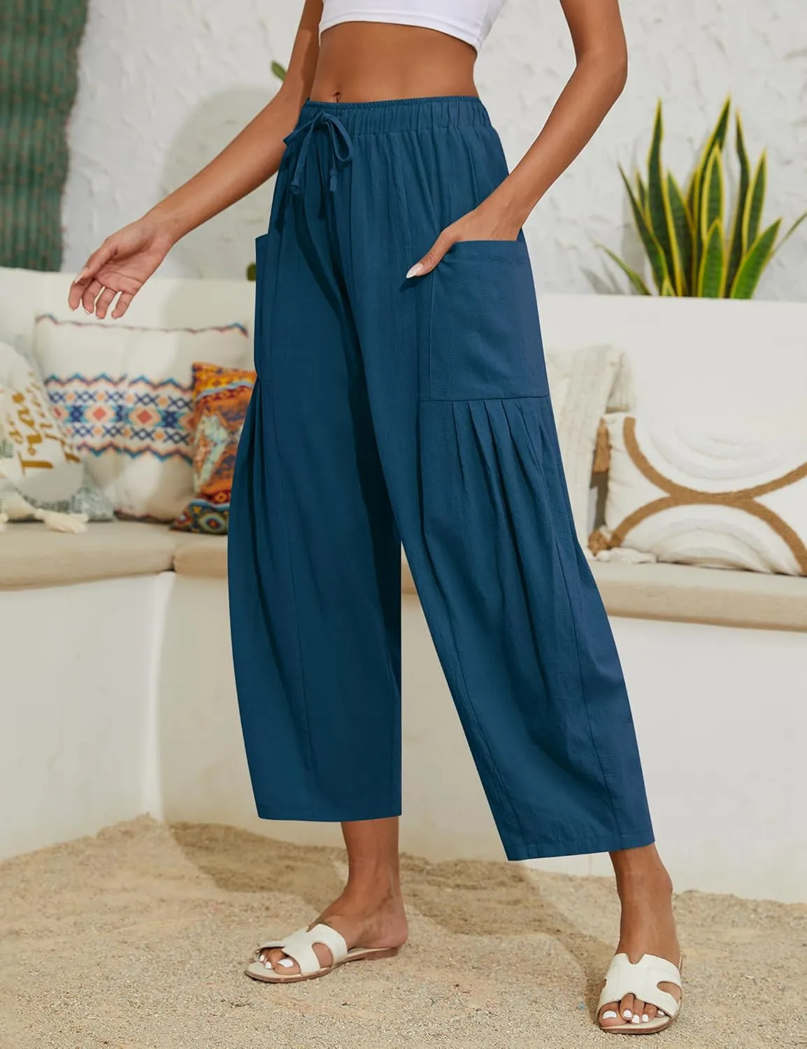 Women Linen Pants Wide Leg Boho Pants Loose Lightweigt Beach Palazzo Harem Pants with Pockets