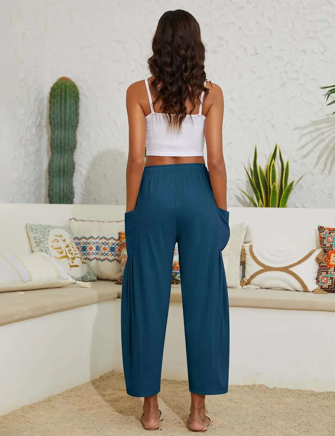 Women Linen Pants Wide Leg Boho Pants Loose Lightweigt Beach Palazzo Harem Pants with Pockets