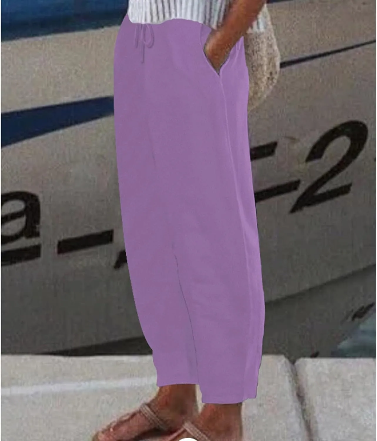 Women Linen Summer Capri Pants 2025 Casual Trendy Solid Wide Leg Elastic Waist Cropped Trousers Comfy Beachwear Pants