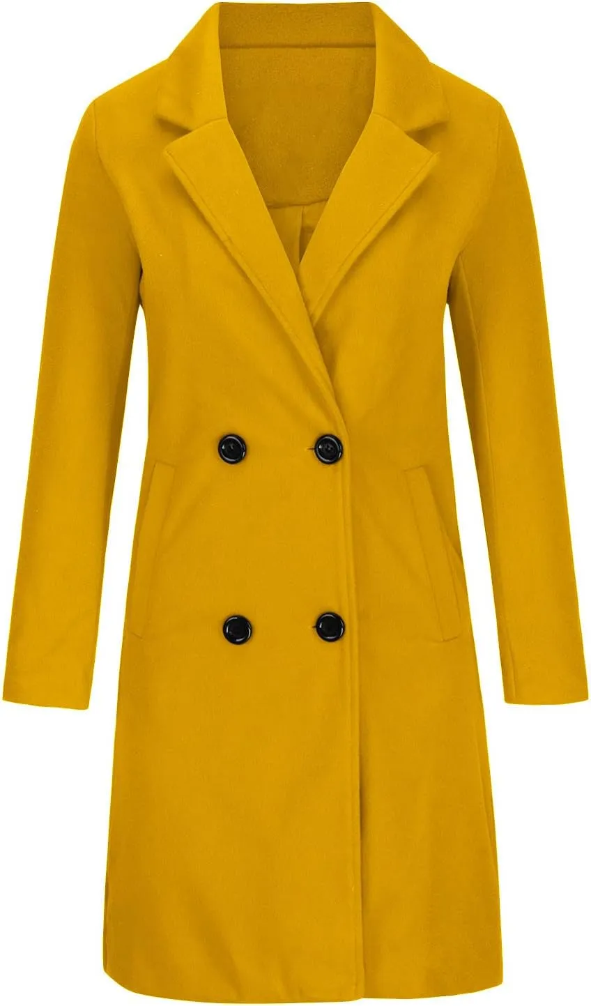 Women Notched Lapel Collar Pea Coat Double Breasted Loose Over Coats Long Sleeve Casual Fashion Jackets