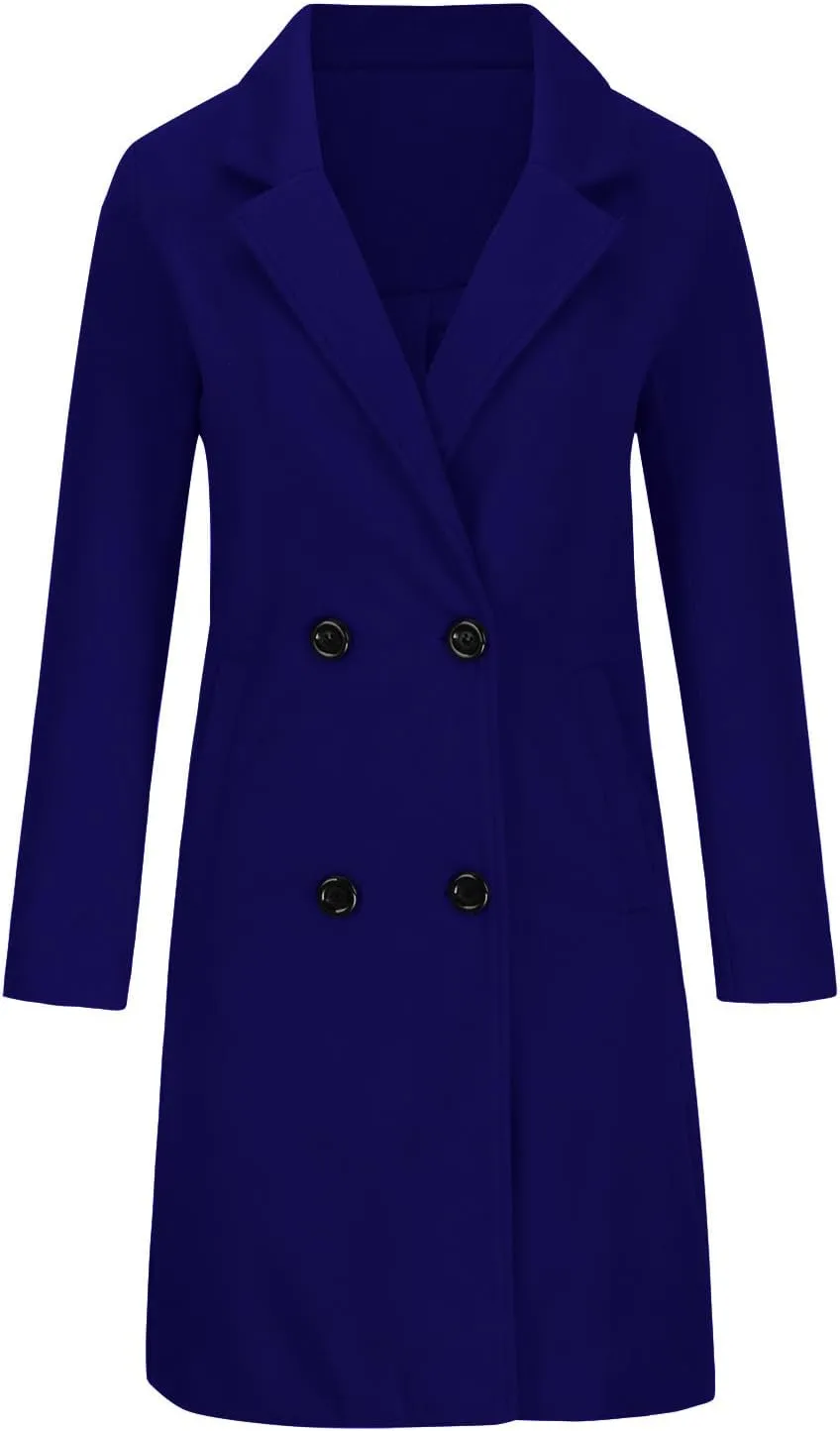 Women Notched Lapel Collar Pea Coat Double Breasted Loose Over Coats Long Sleeve Casual Fashion Jackets