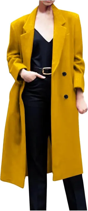 Women Notched Lapel Collar Pea Coat Double Breasted Loose Over Coats Long Sleeve Casual Fashion Jackets