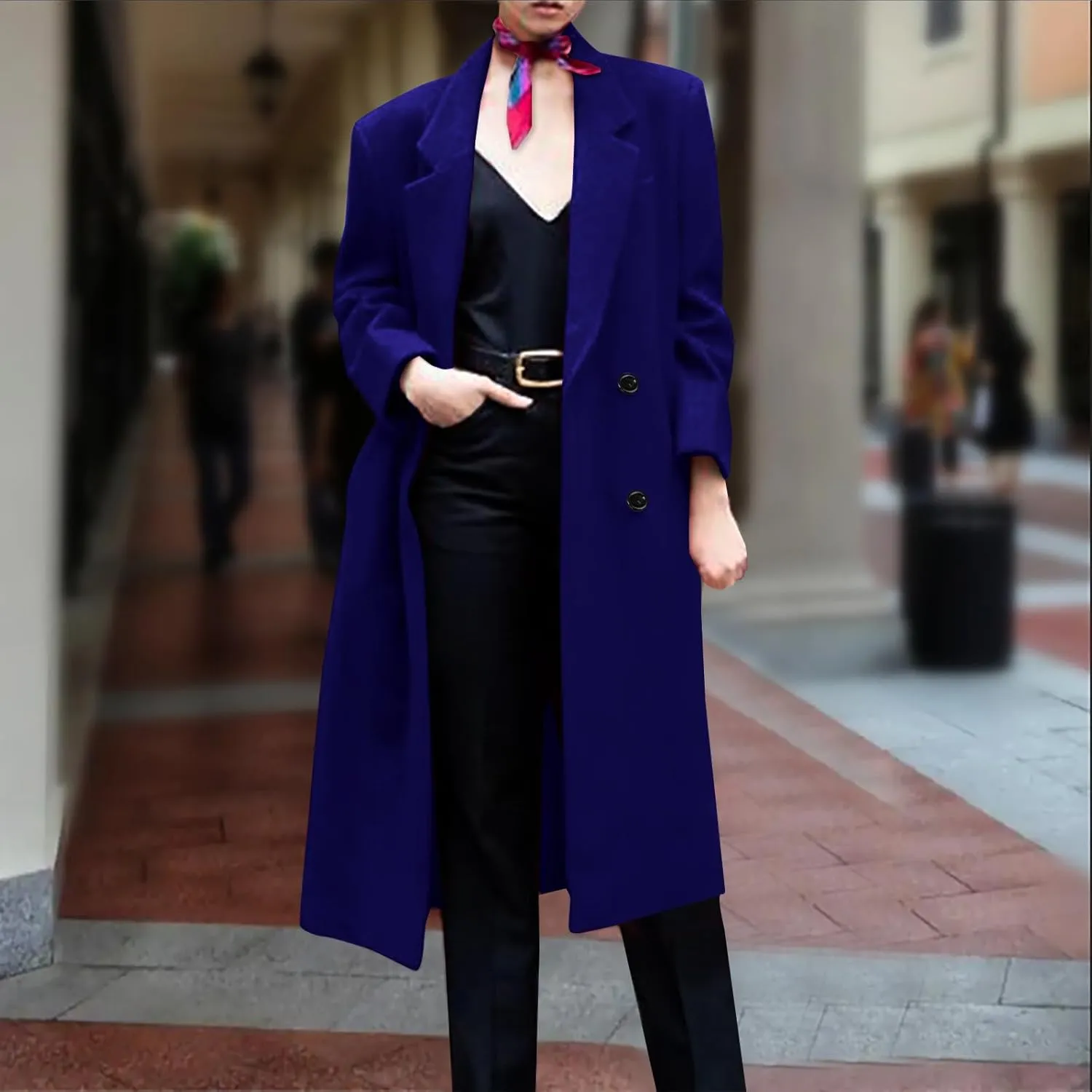 Women Notched Lapel Collar Pea Coat Double Breasted Loose Over Coats Long Sleeve Casual Fashion Jackets