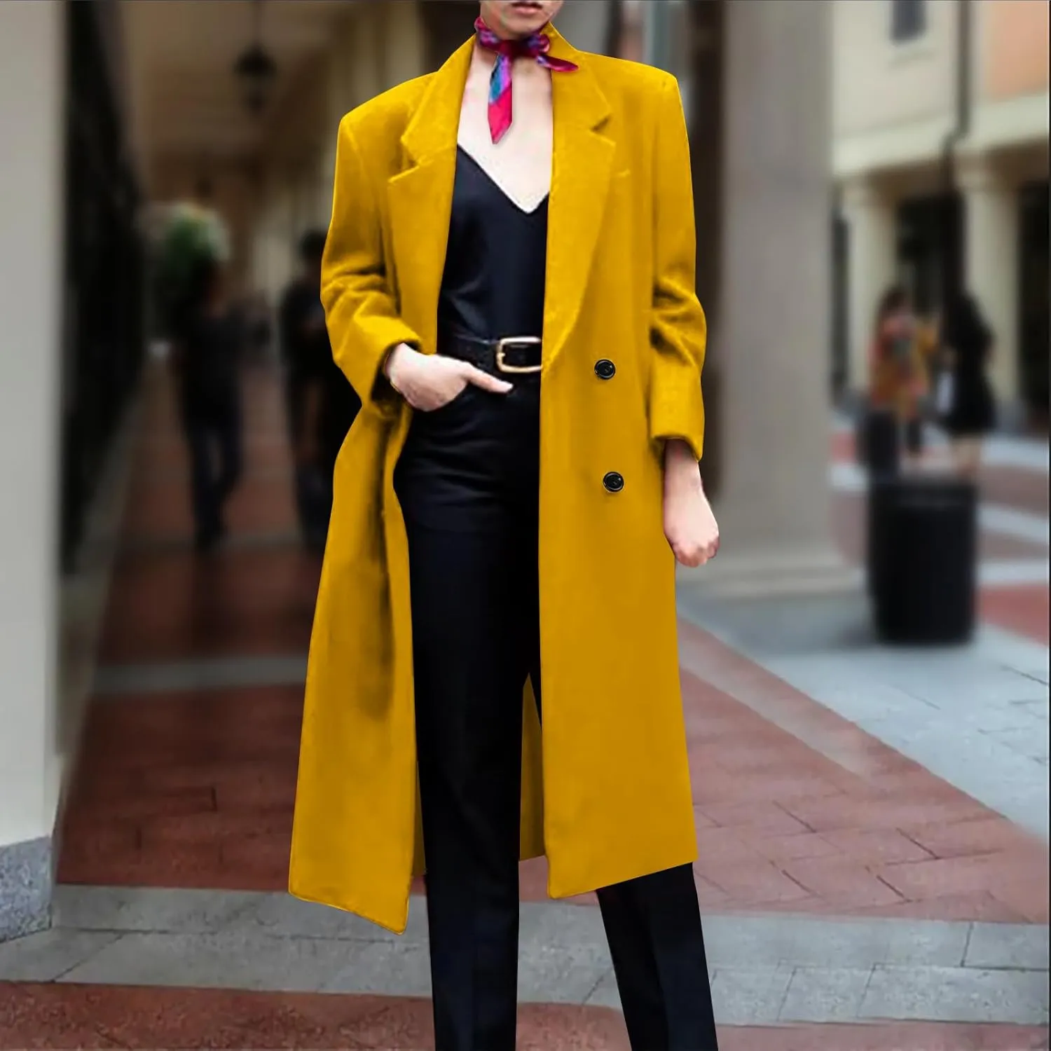 Women Notched Lapel Collar Pea Coat Double Breasted Loose Over Coats Long Sleeve Casual Fashion Jackets
