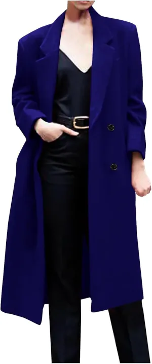 Women Notched Lapel Collar Pea Coat Double Breasted Loose Over Coats Long Sleeve Casual Fashion Jackets