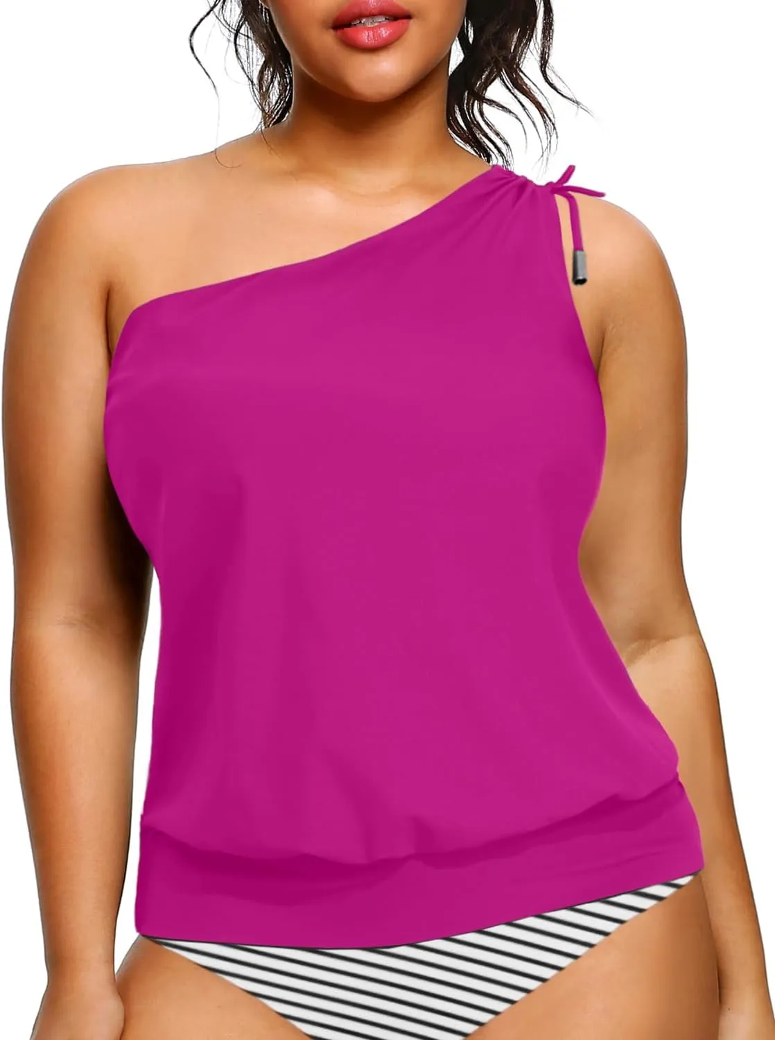 Women Plus Size Tankini Tops - 2025 Blouson Tummy Control Swim Top Only One Shoulder Bathing Suit Top No Bottom