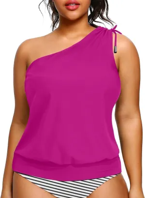 Women Plus Size Tankini Tops - 2025 Blouson Tummy Control Swim Top Only One Shoulder Bathing Suit Top No Bottom