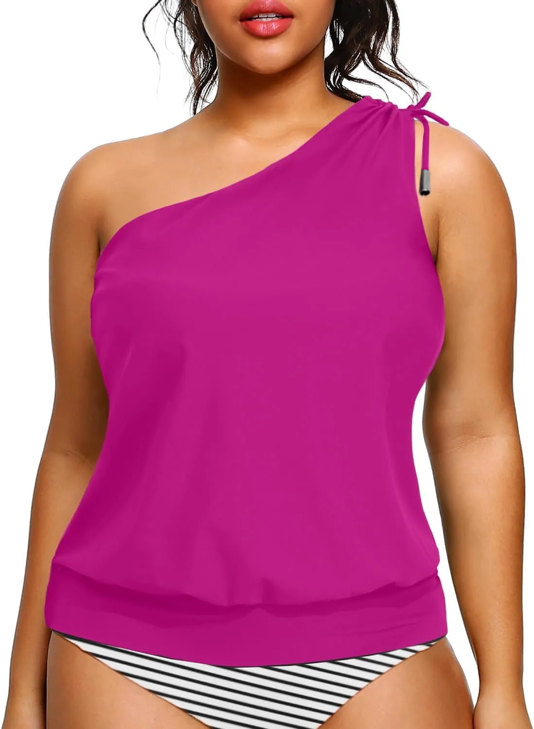 Women Plus Size Tankini Tops - 2025 Blouson Tummy Control Swim Top Only One Shoulder Bathing Suit Top No Bottom