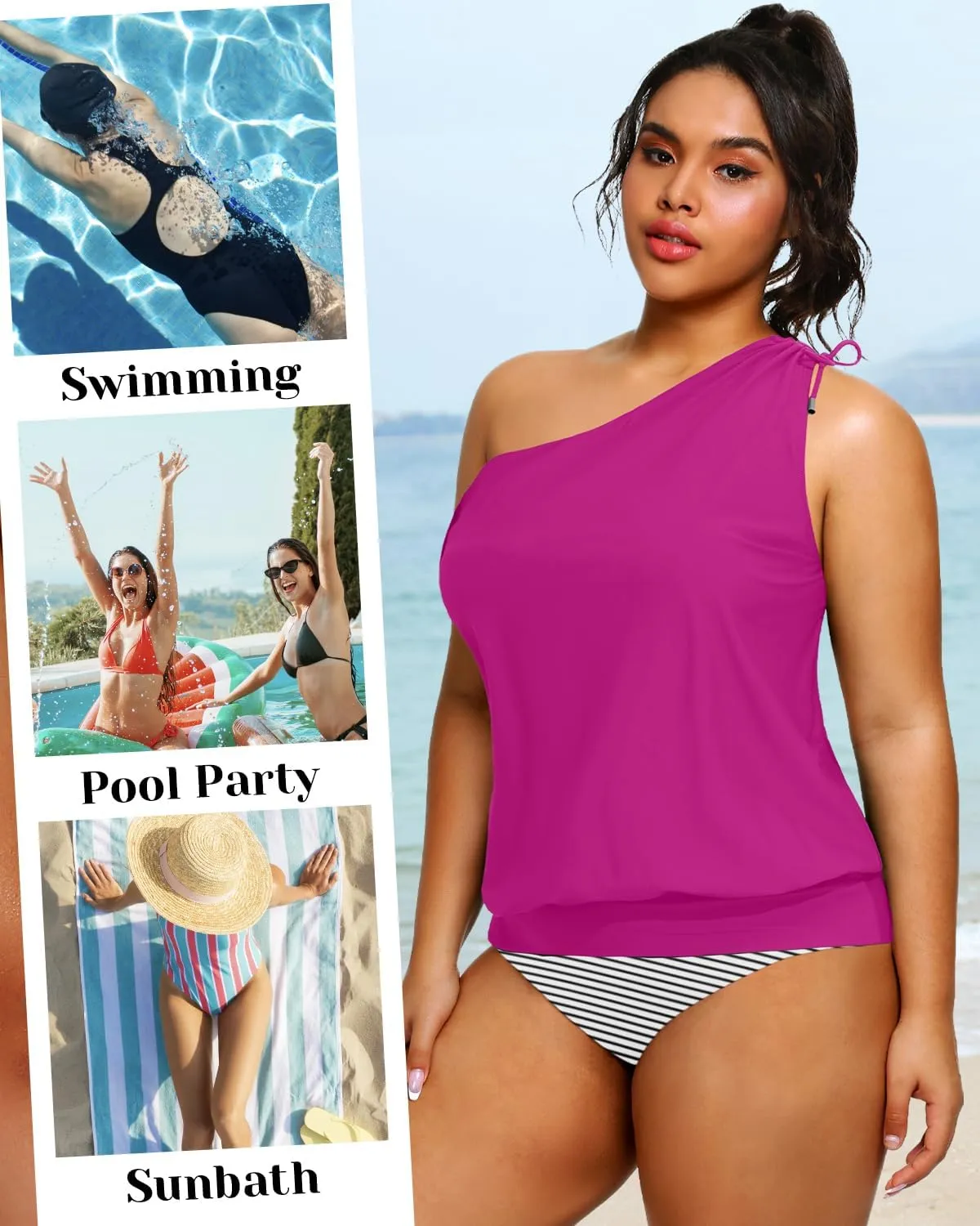 Women Plus Size Tankini Tops - 2025 Blouson Tummy Control Swim Top Only One Shoulder Bathing Suit Top No Bottom