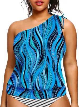 Women Plus Size Tankini Tops - 2025 Blouson Tummy Control Swim Top Only One Shoulder Bathing Suit Top No Bottom