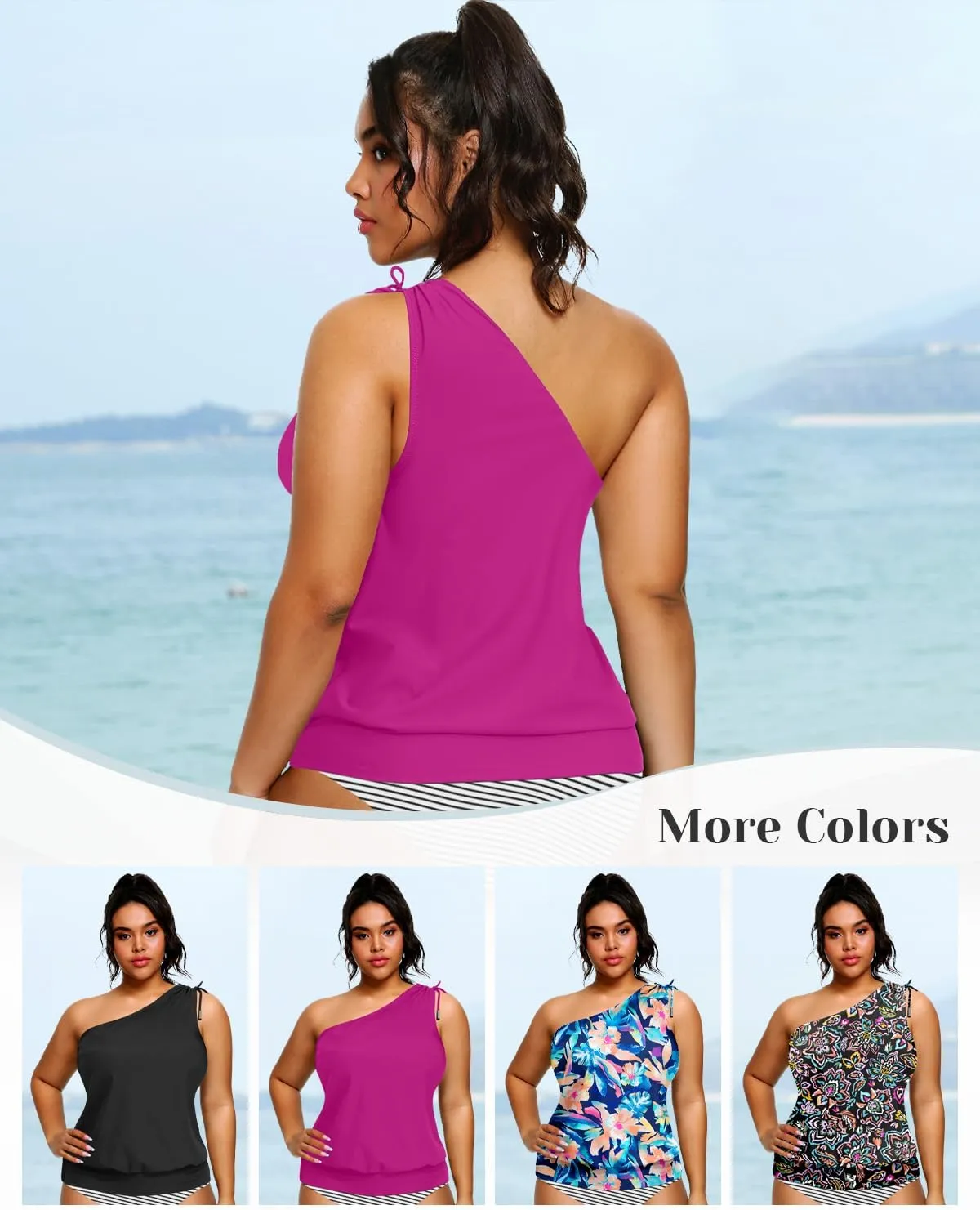 Women Plus Size Tankini Tops - 2025 Blouson Tummy Control Swim Top Only One Shoulder Bathing Suit Top No Bottom