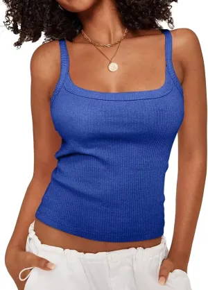Women Scoop Neck Spaghetti Strap Camisole Summer Ribbed Tank Tops Basic Slim Fit Sleeveless Layer