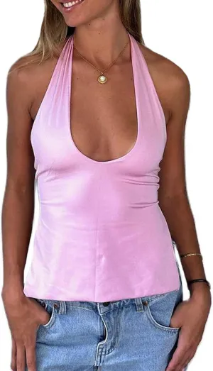 Women Sexy Open Back Halter Tank Top Solid Color Sleeveless Tie Back Crop Vest Bandeau Top Beach Shirt Clothes