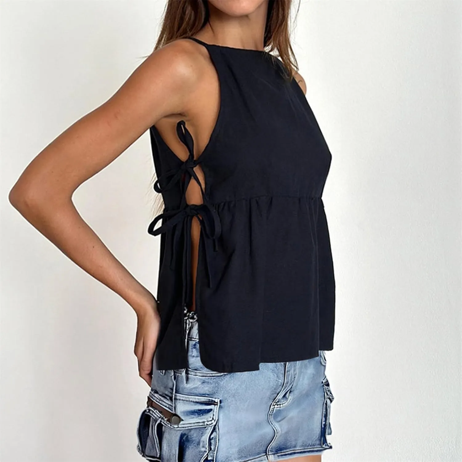 Women Side Tie Tank Top Y2K Vintage Gingham Sleeveless Split Peplum Vest Top Cute Coquette Summer Trendy Streetwear