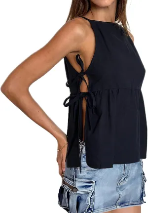 Women Side Tie Tank Top Y2K Vintage Gingham Sleeveless Split Peplum Vest Top Cute Coquette Summer Trendy Streetwear