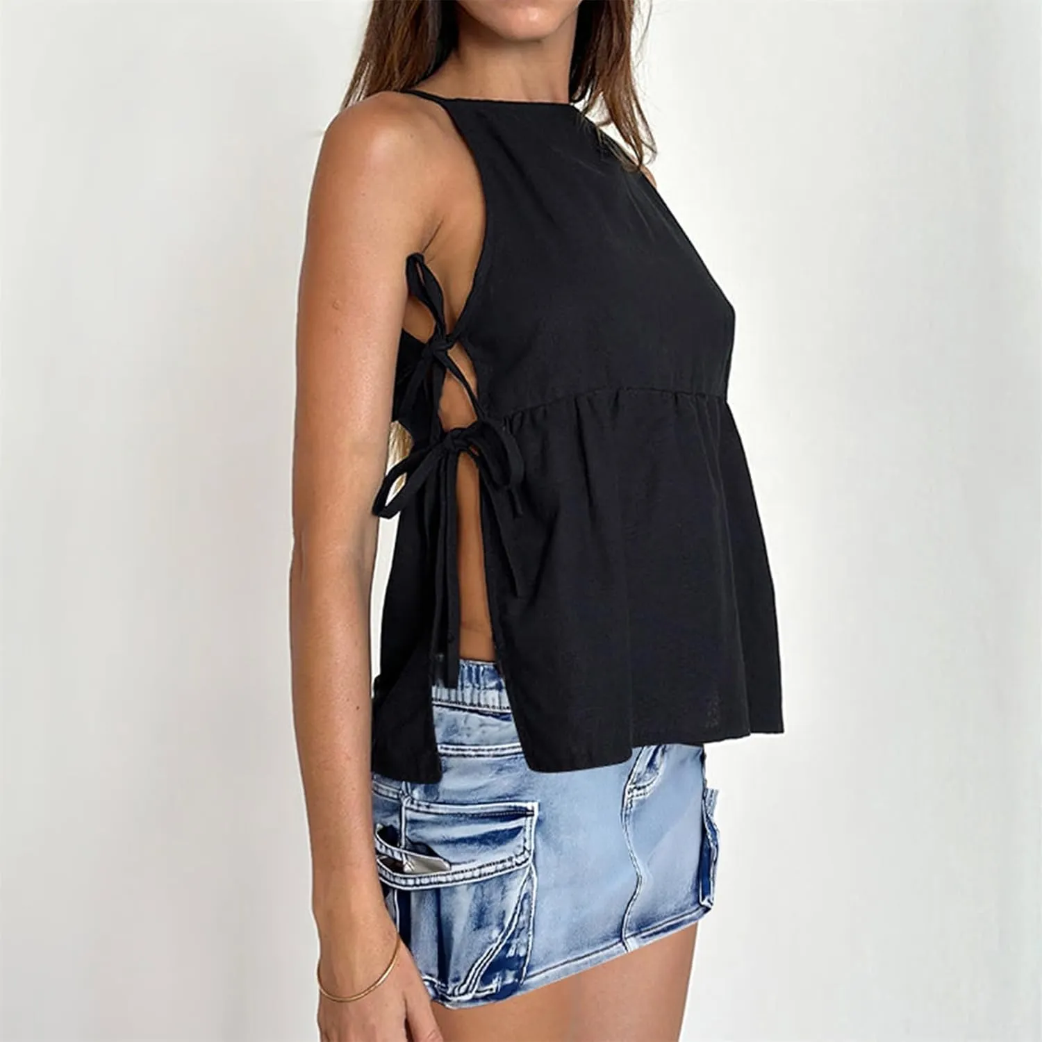 Women Side Tie Tank Top Y2K Vintage Gingham Sleeveless Split Peplum Vest Top Cute Coquette Summer Trendy Streetwear