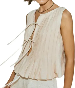 Women Sleeveless Pleated Front Tie Linen Top Y2k Coquette Bow Tie Tank Top Aesthetic Solid Knotted Tie Up Vest