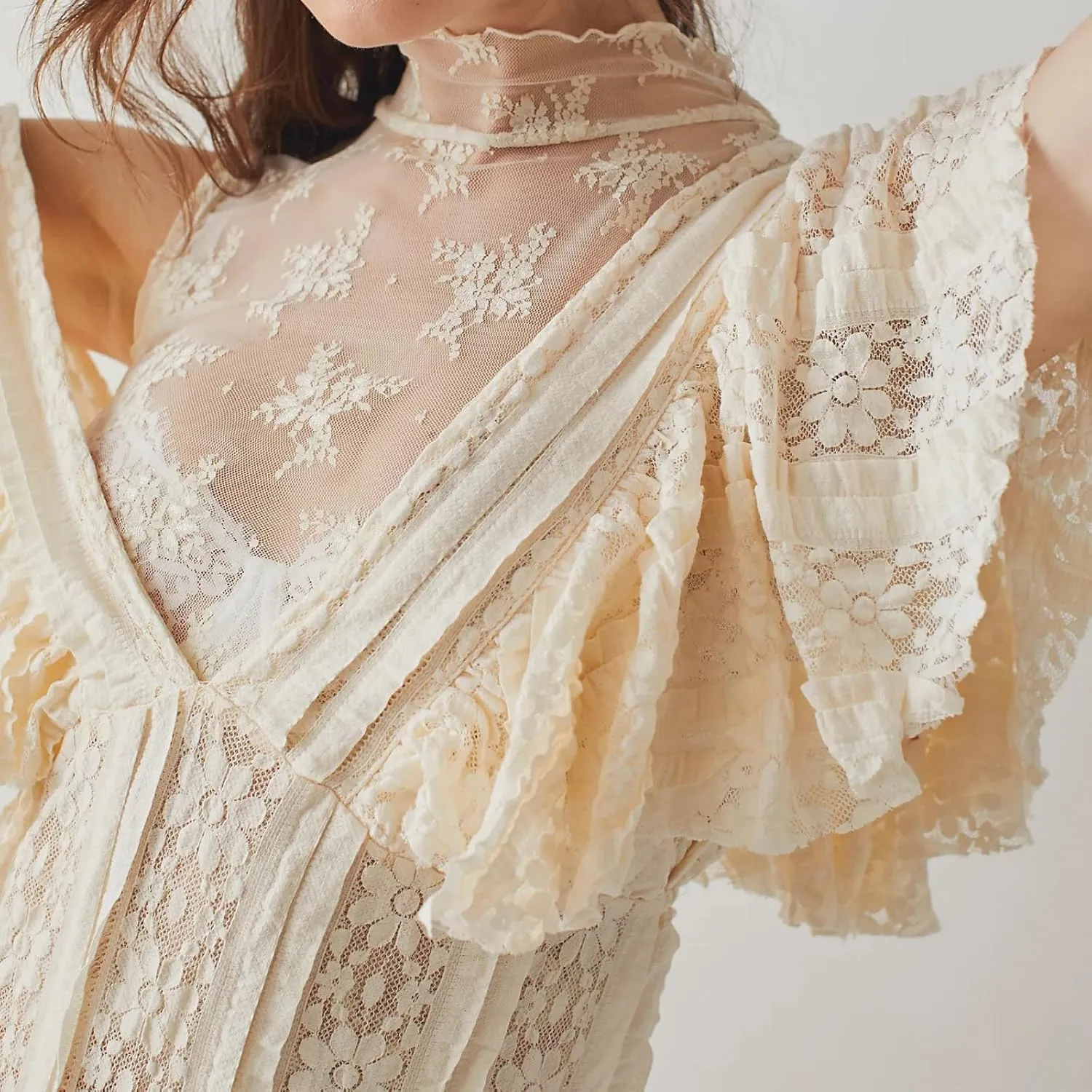 Women Sleeveless See Through Lace Mesh Crop Top Mock Neck Ruched Side Slim Fit Floral Sheer Cropped Tank Top