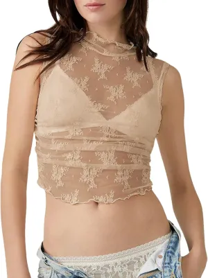 Women Sleeveless See Through Lace Mesh Crop Top Mock Neck Ruched Side Slim Fit Floral Sheer Cropped Tank Top