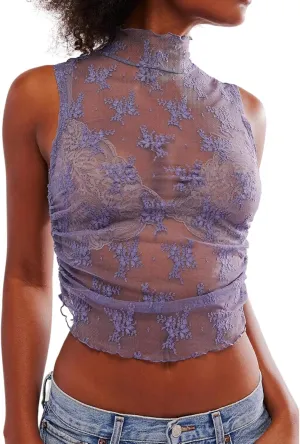 Women Sleeveless See Through Lace Mesh Crop Top Mock Neck Ruched Side Slim Fit Floral Sheer Cropped Tank Top