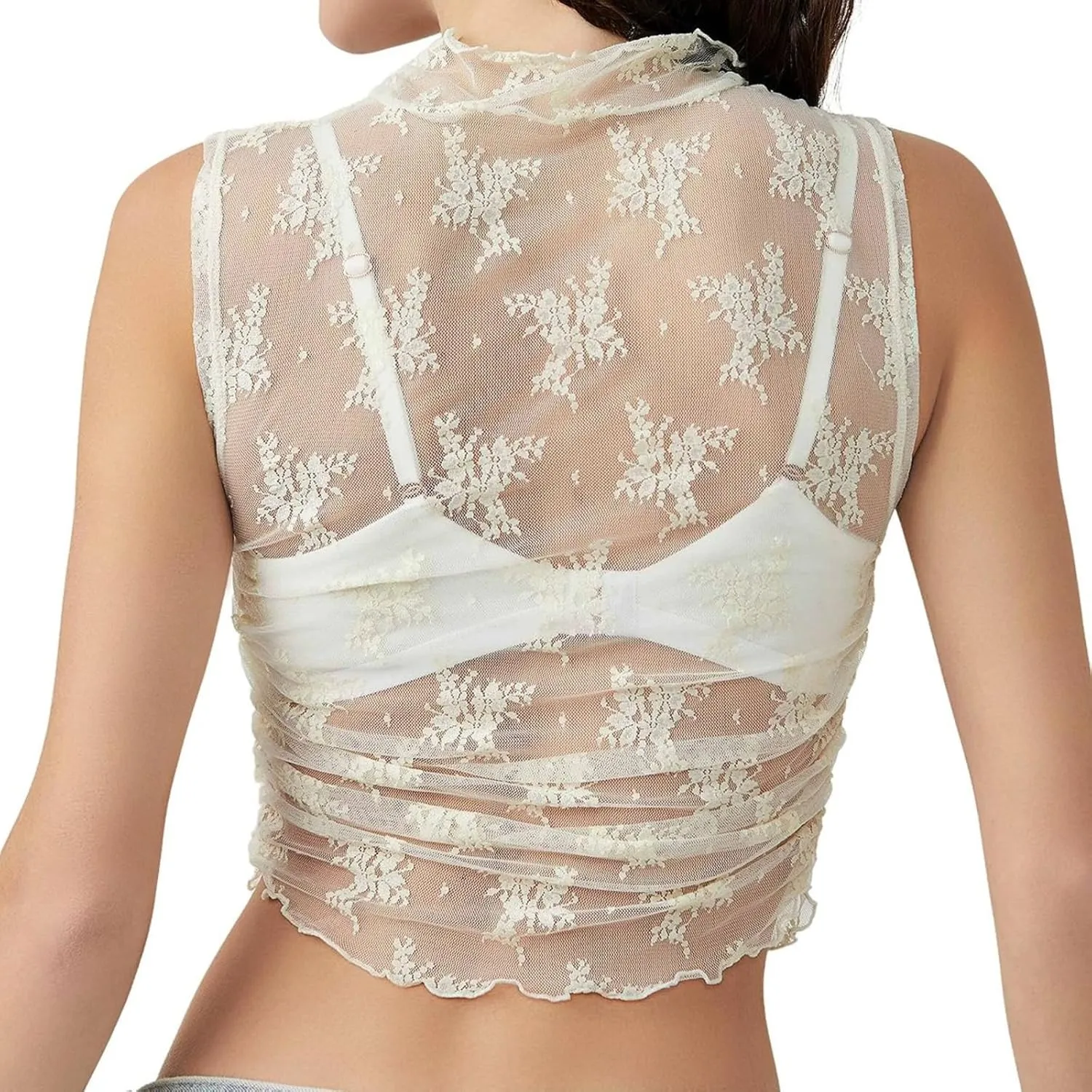 Women Sleeveless See Through Lace Mesh Crop Top Mock Neck Ruched Side Slim Fit Floral Sheer Cropped Tank Top