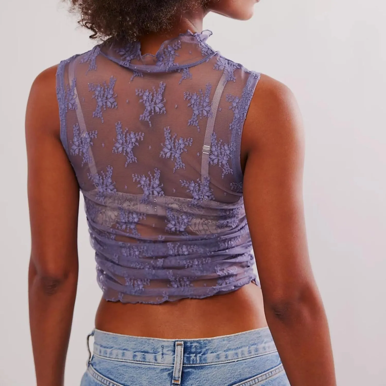 Women Sleeveless See Through Lace Mesh Crop Top Mock Neck Ruched Side Slim Fit Floral Sheer Cropped Tank Top