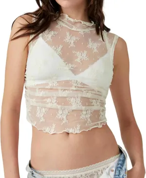 Women Sleeveless See Through Lace Mesh Crop Top Mock Neck Ruched Side Slim Fit Floral Sheer Cropped Tank Top