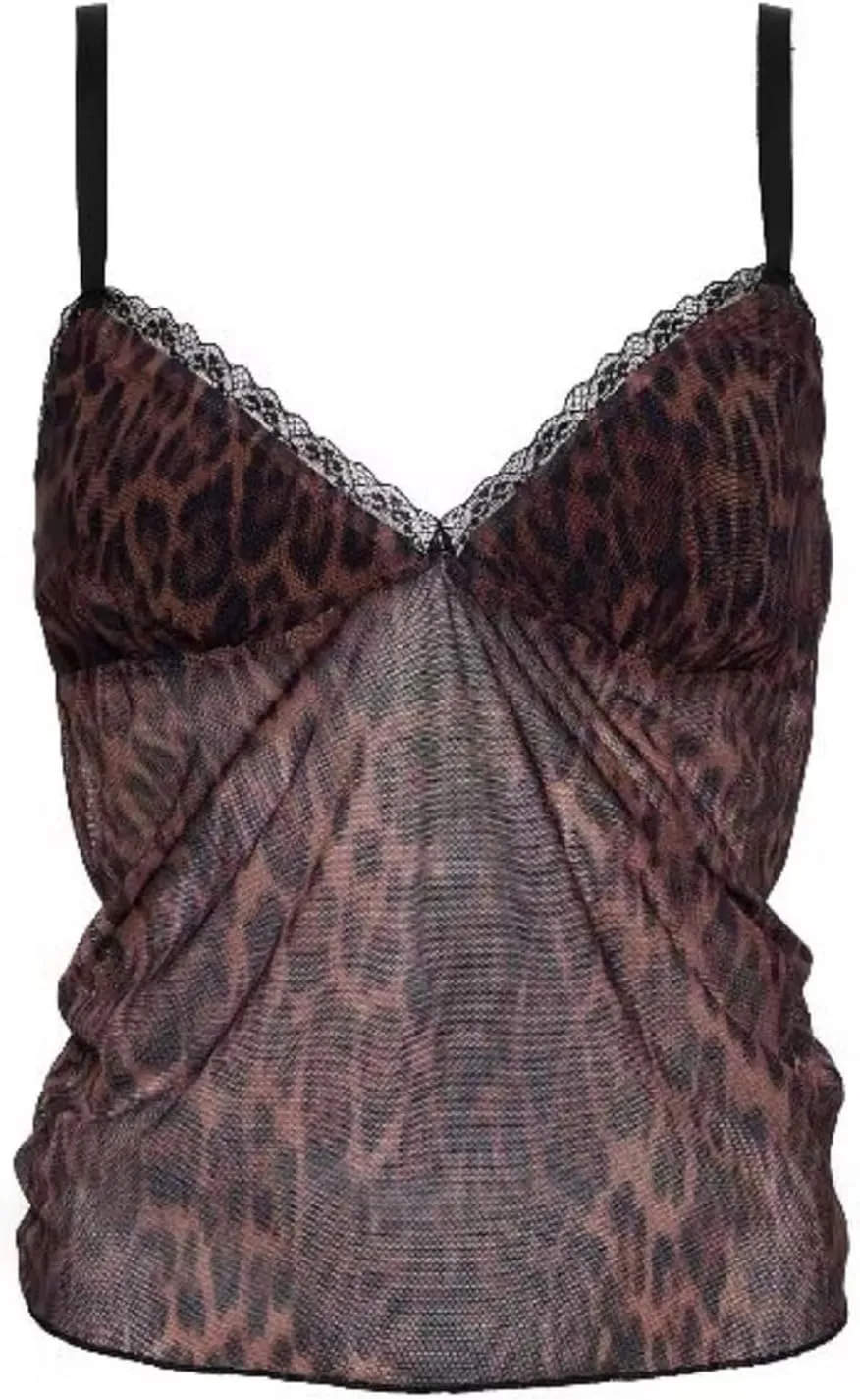 Women Tiger Stripe Print Tank Top Y2k Sexy Lace Trim Cami Top Spaghetti Strap Mesh V Neck Going Out Camisoles
