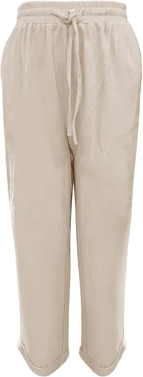 Women Wide Leg Pants Ladies Summer Elastic High Waist Solid Color Cotton Linen Wide Leg Loose Pants Summer Palazzo