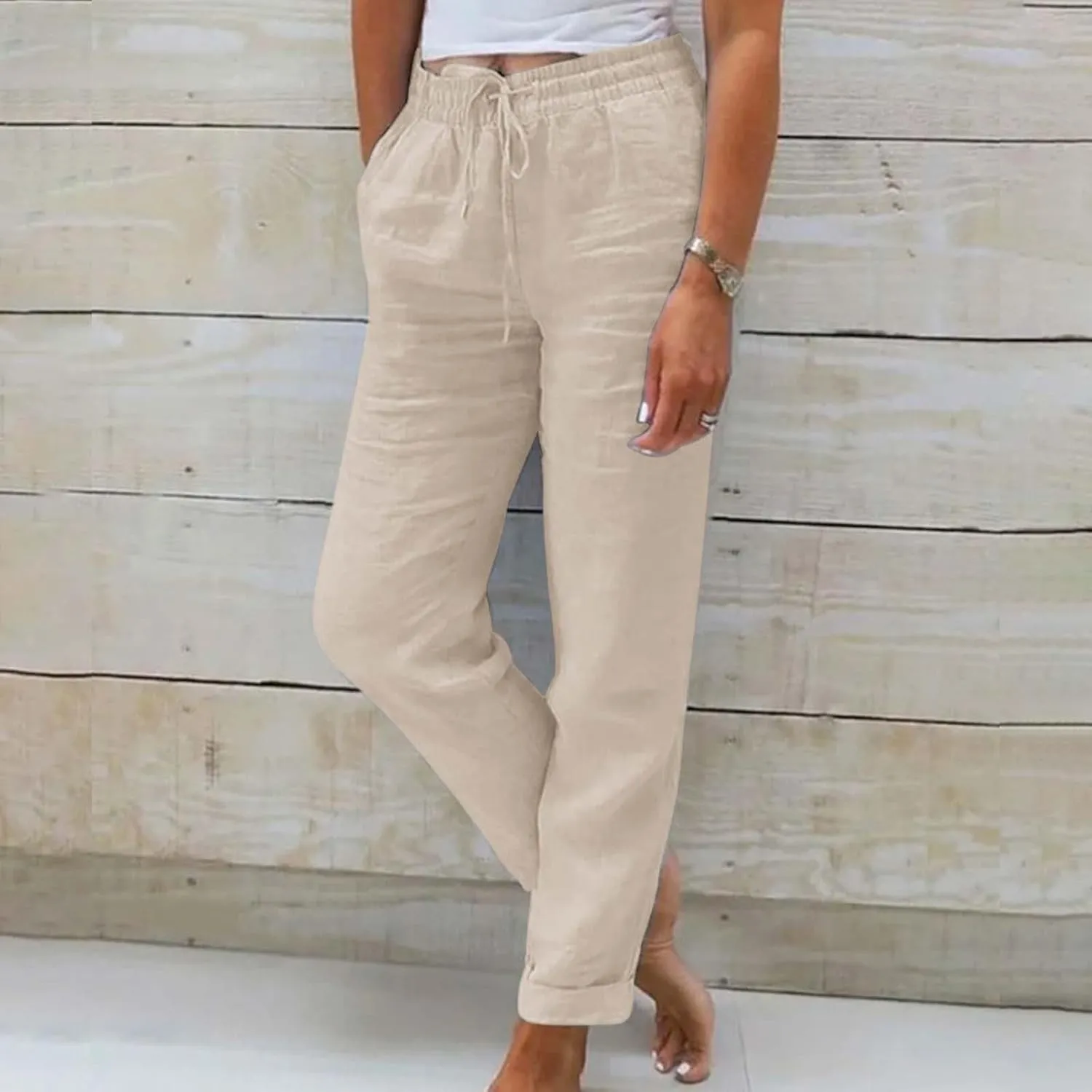 Women Wide Leg Pants Ladies Summer Elastic High Waist Solid Color Cotton Linen Wide Leg Loose Pants Summer Palazzo
