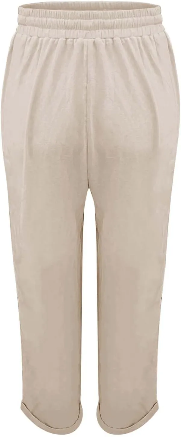 Women Wide Leg Pants Ladies Summer Elastic High Waist Solid Color Cotton Linen Wide Leg Loose Pants Summer Palazzo