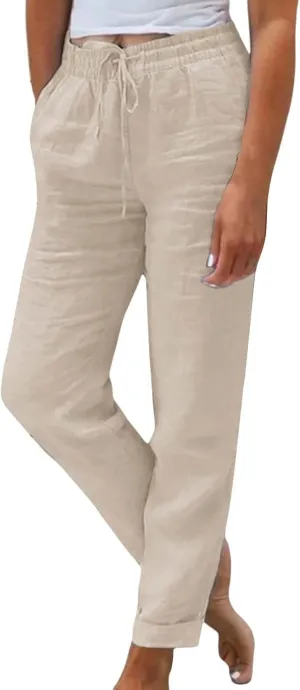Women Wide Leg Pants Ladies Summer Elastic High Waist Solid Color Cotton Linen Wide Leg Loose Pants Summer Palazzo
