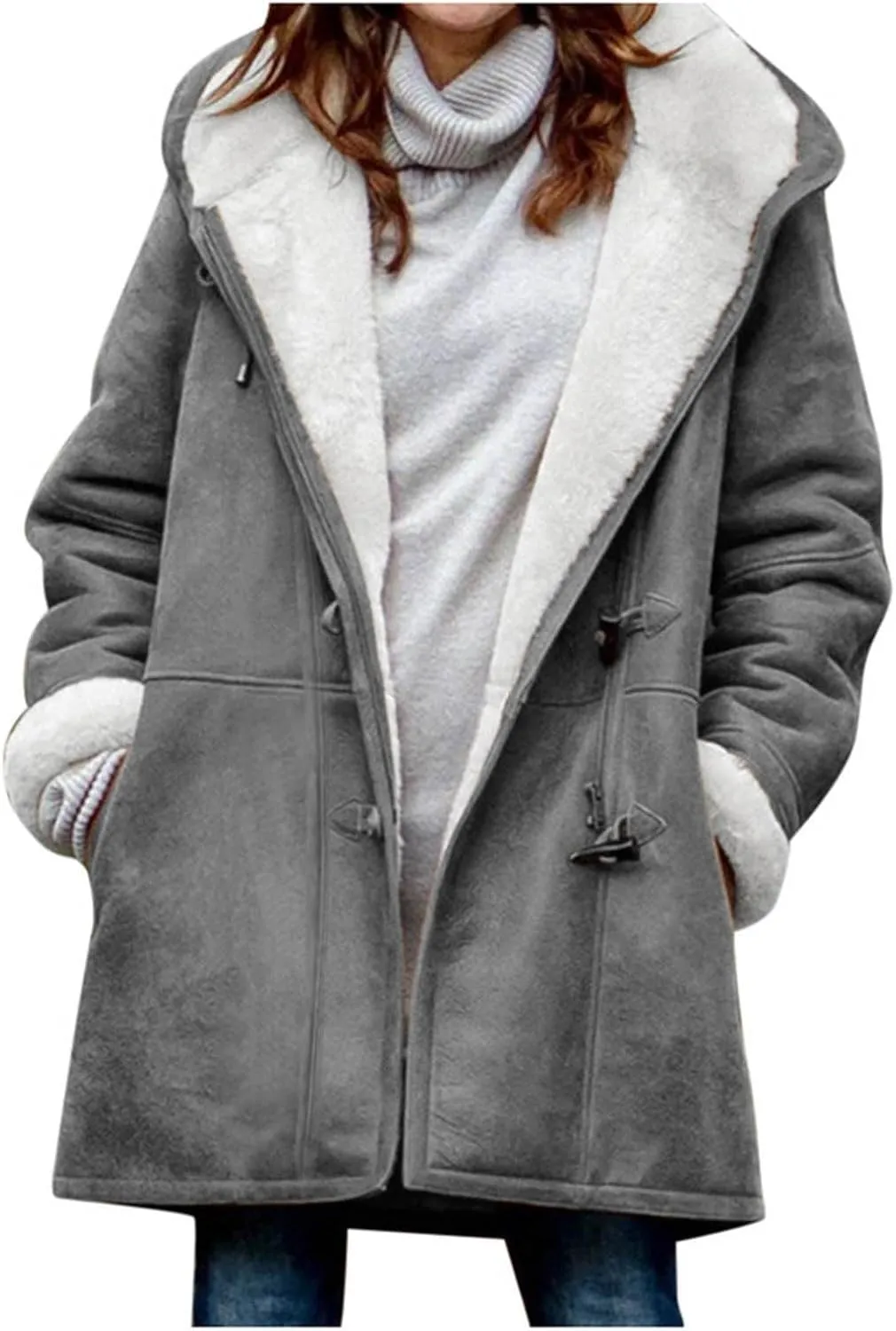 Women Winter Coats Trendy Sherpa Fleece Lined Suede Jackets Hooded Parka Faux Suede Wram Outwear Button Down Overcoat