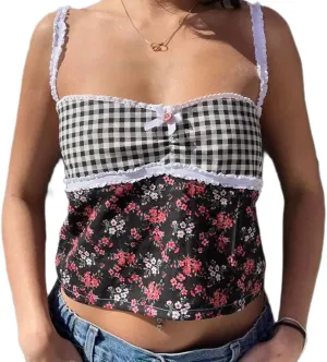 Women Y2k Backless Tank Top Vintage Lace Trim Floral Patchwork Cami Crop Top Summer Party Club Vest 00s Retro Shirt