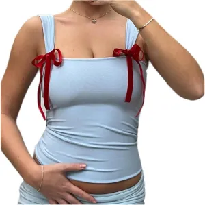 Women Y2K Bow Tank Top Sleeveless Bow Tie Shoulder Cami Crop Top Fairy Grunge Ribbon Camisole Going Out Streetwear