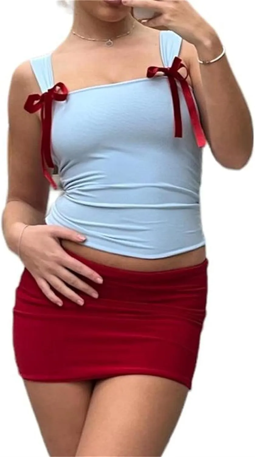 Women Y2K Bow Tank Top Sleeveless Bow Tie Shoulder Cami Crop Top Fairy Grunge Ribbon Camisole Going Out Streetwear