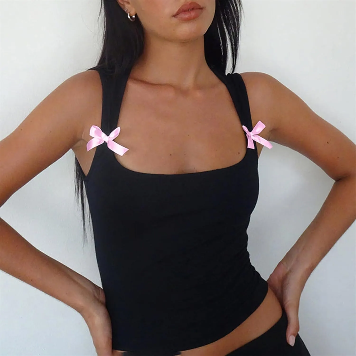Women Y2K Bow Tank Top Sleeveless Bow Tie Shoulder Cami Crop Top Fairy Grunge Ribbon Camisole Going Out Streetwear